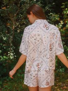 WESTFADE Women White Summer Modest Picnic Holiday Country Western Patchwork Print Collared Button Front Short Sleeve Shirt & High Rise Drawstring Shorts Set - Multicolor - View 2