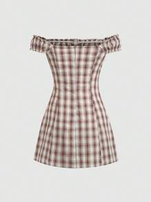 Sweetra Sweet & Spicy American Farm Style Off Shoulder Cinched Waist Mini Dress - Khaki - View 2