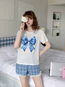 2pcs Teen Girls Cartoon Bowknot Print Plaid Short Sleeve Top & Shorts Colorblock Ruffle Trim Comfortable Casual Summer Pajamas Set - Blue and White - View 8