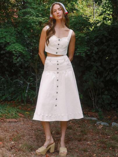 WESTFADE 甜心领仿纽扣前开襟修身98%纯棉牛仔短款背心夏季