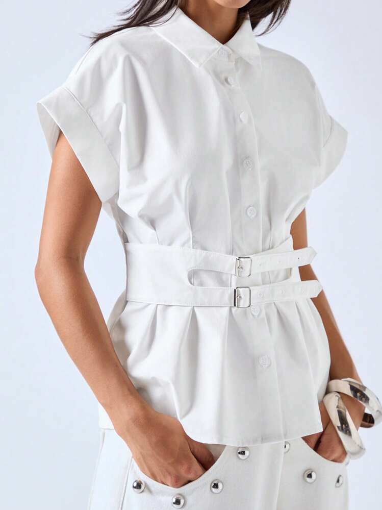 LYSMO Women's White Waist Tailored Metal-Decorated Belt Versatile Summer Shirt For Commuting - White - View 3