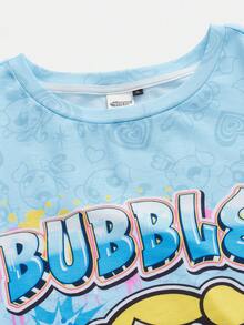 THE POWERPUFF GIRLS X SHEIN 大码卡通图案圆领长袖运动衫 - 藍色 - 查看 5