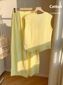 Comfortcana 女士夏季系带吊带背心和裤子套装 - 黃色 - 查看 5