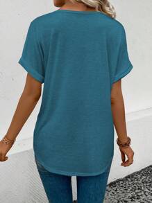 SHEIN LUNE 夏季休闲纯色蝙蝠袖T恤 - 水鴨藍 - 查看 2