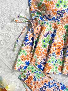 SHEIN Swim 女士高弹力甜美碎花印花度假泳池派对抹胸比基尼套装