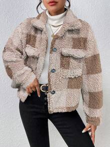 Chiquease 女式格子长袖单排扣工装口袋羊毛休闲夹克，适合秋冬季