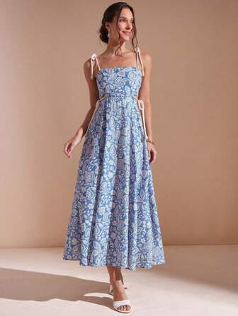 L'Amorae 女士绳饰佩斯利亚麻印花及踝长连衣裙