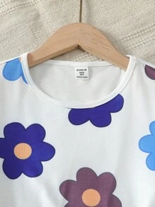 SHEIN 女童度假休闲基础款花卉印花宽松T恤+梭织纹理宽松裤套装，日常穿着 - 藍色 - 查看 3