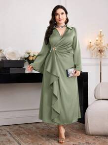 Modelyn Đầm thanh lịch cổ loe tay lỡ họa tiết hoa kim loại cỡ lớn cho nữ - màu xanh lá - Xem 4