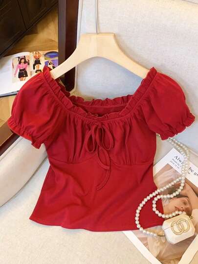 Franclia Women's Fashion Casual Lace Bow T-Shirt