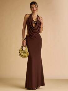 SHEIN BAE 夏季女式金属扣露背透视上衣和女式鱼尾中长裙两件套女式两件套女式棕色两件套 - 棕色 - 查看 4