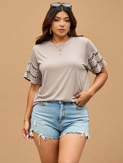 SHEIN Frenchy Plus Size Casual Versatile Round Neck Ruffle Detail T-Shirt