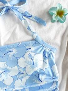 SHEIN 少女芙蓉印花露背收腰时尚吊带背心，适合春夏季度假、派对、下午茶、海滩、游轮 - 藍色 - 查看 4