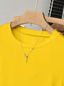 INAWLY 大码女式休闲纯色修身短袖T恤黄色上衣 - 黃色 - 查看 5