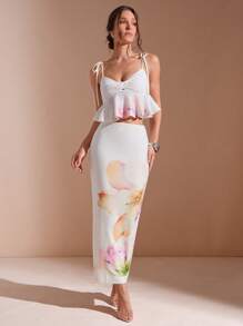 L'Amorae 女士水彩花卉华夫格针织印花两件套服装