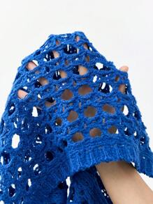 Maija 2026 Spring & Summer Outfits Solid Color Round Neck Side Slit Short Hollow See-Through Knitted Klein Blue Blouse, Vacation Style Women Clothes, For Outdoor Wear Sheer Top,Beach Outfit For Women,Vacation Outfits Women - Royal Blue - View 8