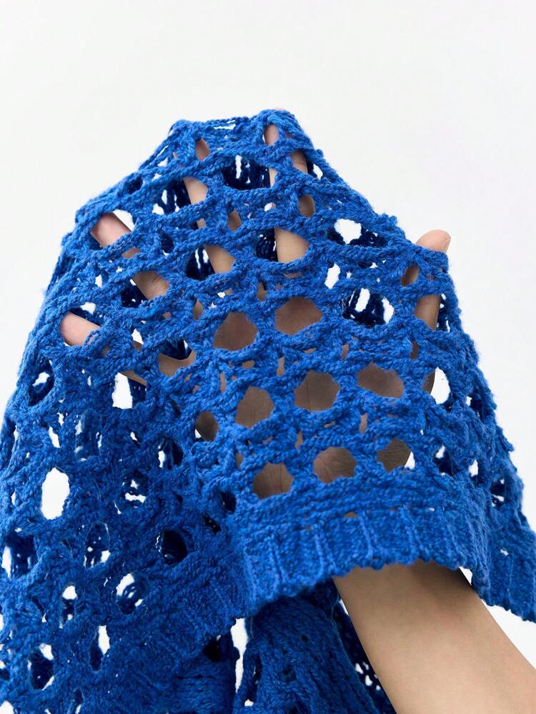 SHEIN Maija 2026 Primavera y Verano Blusa de punto de unicolor con cuello redondo, abertura lateral, corta y transparente en color azul Klein, estilo de vacaciones, para uso al aire libre, blusa transparente, playa, vacaciones