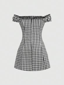 Sweetra 女式格子露肩可爱束腰连衣裙 - 黑與白 - 查看 2