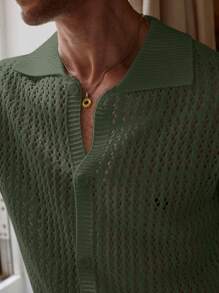 Manfinity Homme Suéter de punto casual con botones para hombres con patrón de rayas de dos tonos - Verde Oliva - Ver 3