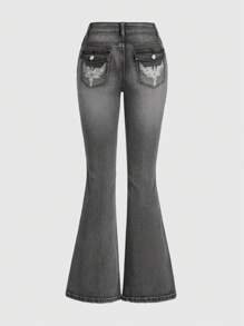 ROMWE Grunge Punk 返校季女式朋克风复古刺绣修身喇叭低腰牛仔裤，浅蓝色 - 灰色 - 查看 2