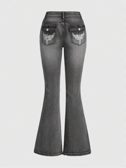 Grunge Punk Jeans acampanados con figura favorecedora, bordado vintage y estilo punk chic, color azul claro