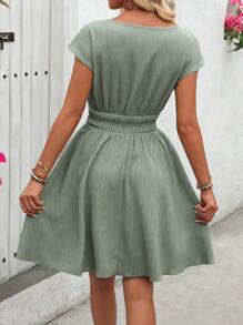 EMERY ROSE Women Summer V-Neck Overlap Shirred Waist Loose Dress