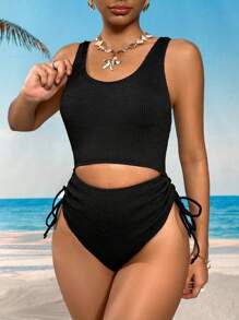 Swim Vcay Women's Solid Black Special Fabric Textured One-Piece Swimsuit With Front & Back Cutouts, Beach, Pool, Casual Party, Spring/Summer - Black - View 4