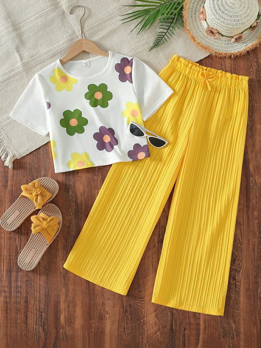 SHEIN 女童花卉印花休闲 T 恤 + 宽松梭织纹理长裤 2 件套休闲装，休闲日常度假 - 黃色 - 查看 1