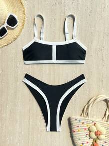 Swim Basics Bộ đồ bơi bikini hở lưng cao 2 mảnh nhiều màu đen trắng, đồ bơi đi biển cho nữ - Đen và trắng - Xem 2