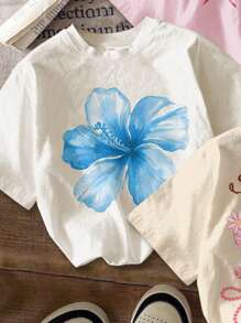 SHEIN 3 件套 Tween Girls Chill Vacation 热带芙蓉花、鸡蛋花、海星、珍珠贝壳海滨图案圆领短袖 T 恤，休闲简约，适合夏季度假，白色、米色、浅粉色 - 彩色 - 查看 3