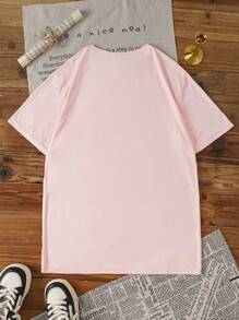 INAWLY 未确诊，但有些不对劲复古抽象电视海报动画肖像元素有趣的卡通古怪图案印花休闲粉色 T 恤 - 粉色 - 查看 2