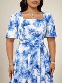 Modelyn Vestido de moda de manga corta y cuello cuadrado, adecuado para el verano, talla grande - Azul - Ver 5