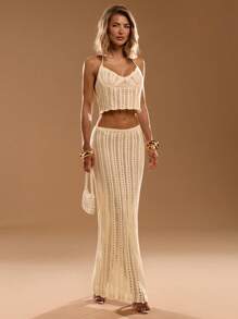 SHEIN BAE Summer Women's Casual Vacation Beach Fashion Neck Crochet Top And Long Skirt Two Piece Set, Vacation Set, Beach Vacation Wear, Bohemian Vacation Wear