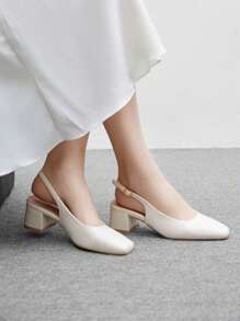 CUCCOO BIZCHIC 女士经典踝带露跟平底鞋，米色 PU 皮革低跟粗跟鞋，适合工作、约会、派对、度假和日常穿着 - 糯米白色 - 查看 7