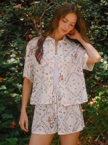 WESTFADE Women White Summer Modest Picnic Holiday Country Western Patchwork Print Collared Button Front Short Sleeve Shirt & High Rise Drawstring Shorts Set - Multicolor - View 3