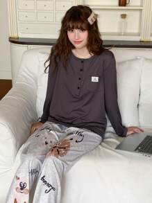2件套少女可爱优雅灰色长袖运动衫和卡通小狗印花休闲舒适灰色打底裤家居睡衣套装 - 彩色 - 查看 5