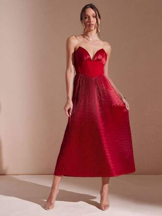 L'Amorae Elegant Wedding Guest Party Plunge Neck Bustier Pleated Maxi Dress