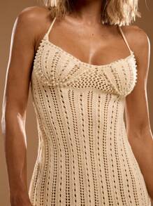 SHEIN BAE Abito vestito con decorazioni in perle, scollo alla coreana e nodo sulla schiena, per donne - Albicocca - Visualizzare 6