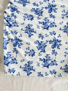 Tween Girl Vacation Floral Print Side Ruched Snug Fit Mini Dress, Fitted Waist, Strapless, Suitable For Party, Afternoon Tea, Fashionable For Spring/Summer - Blue - View 5