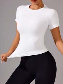 SHEIN Velisys 3 piezas Camiseta deportiva casual de mujer de cuello redondo, manga raglán, manga corta, camiseta de compresión sin costuras, camiseta ajustada para gimnasio