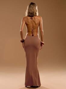 SHEIN BAE Women's Summer Vacation Casual Long Dimensional Floral Sexy Backless Fishtail Dress, Elegant Vacation Dresses, Beach Casual Vacation Wear, Bohemian Wear, Long Dresses