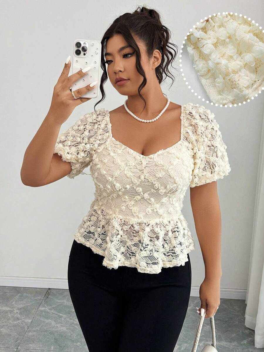 Elenzga Plus Size Embroidered Flounce Hem Short Sleeve Blouse - Apricot - View 1