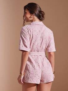 L'Amorae Salopette estiva con colletto, bottoni, cintura e ricamo floreale rosa/bianco, adatta per le vacanze estive, abbigliamento estivo da donna, abbigliamento per brunch e vacanze