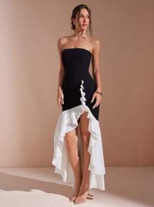 L'Amorae Women's Elegant Wedding Black And White With High Slit And Layered Bottom Long Dress - Black and White - View 1