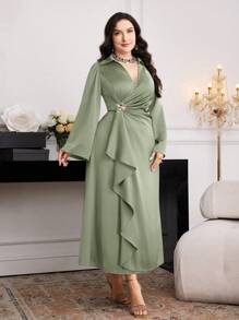 Modelyn Đầm thanh lịch cổ loe tay lỡ họa tiết hoa kim loại cỡ lớn cho nữ - màu xanh lá - Xem 6