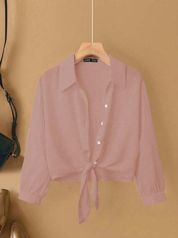 Franclia French Style Elegant Woven Fold-Over Collar Long Sleeve Tie Front Cardigan, New Summer White Ladies Shirt