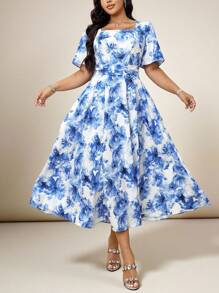 Modelyn Vestido de moda de manga corta y cuello cuadrado, adecuado para el verano, talla grande - Azul - Ver 1