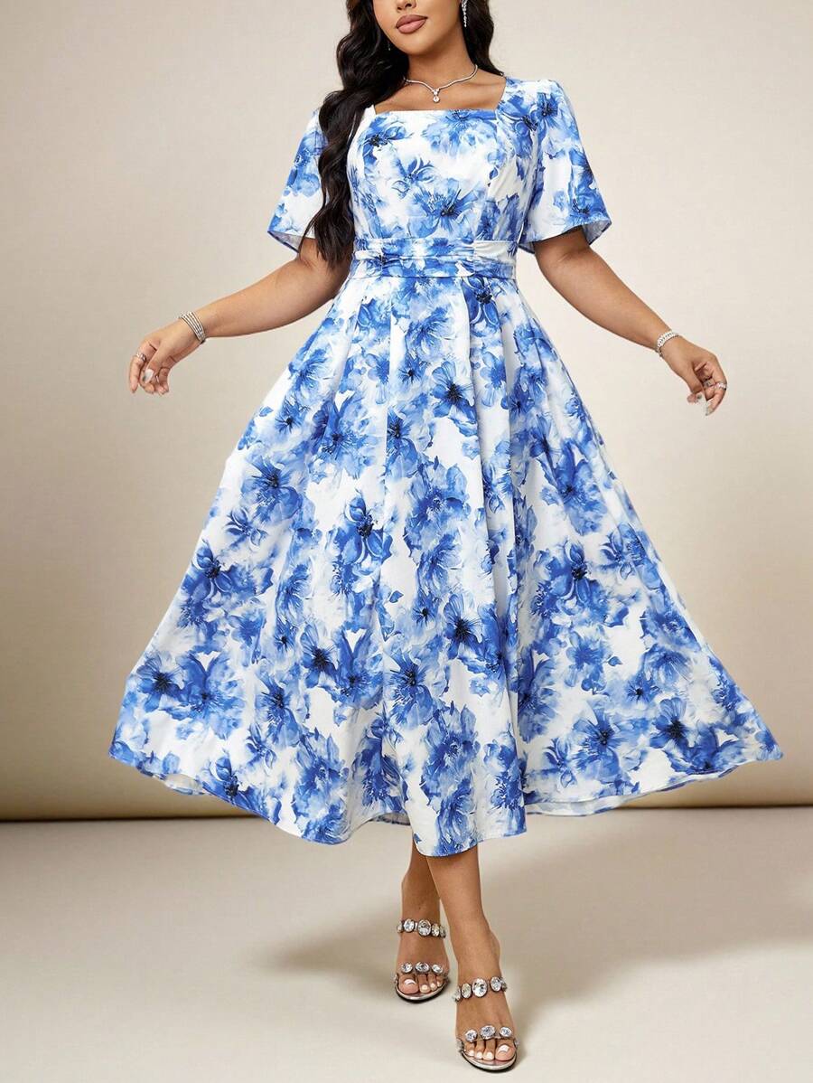 Modelyn Vestido de moda de manga corta y cuello cuadrado, adecuado para el verano, talla grande - Azul - Ver 1