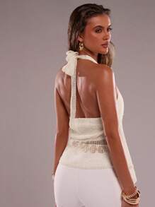 SHEIN BAE Women's Summer Beach Vacation Wear Hanging Neck Tie Front Neck Metallic Embellished Top Textured Crochet Fabric Women's Tops, Women's Beach Vacation Wear, Summer Tops, Versatile Pieces - Apricot - View 8