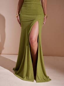 L'Amorae Women Elegant Asymmetrical Maxi Knit Dress With Slit - Green - View 5